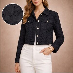 Colleen Lopez Black Eyelet Cropped Jacket – Cotton Embroidered – Size S